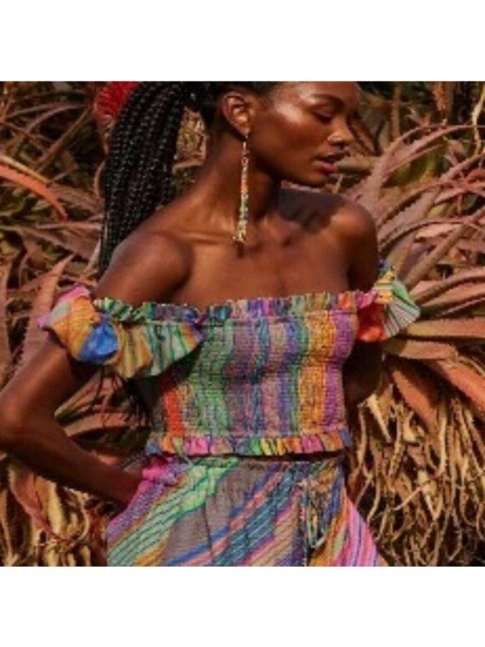 Roopa Pemmaraju Eucalyptus Fiber Striped Off the Shoulder Top S Rainbow Boho